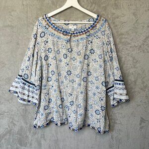 J. Jill 3X Blue Beige Boho Tunic Top Embroidered Peasant Cottagecore Artsy